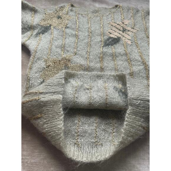 Vintage Mohair Wool Sweater gold metallic striped floral sage Mint green glam - Picture 7 of 16